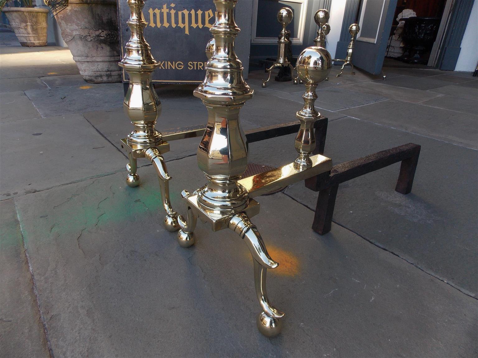 Pair of American Brass Ball Finial Andirons with Matching Log Stops, MA C. 1830 In Excellent Condition In Hollywood, SC