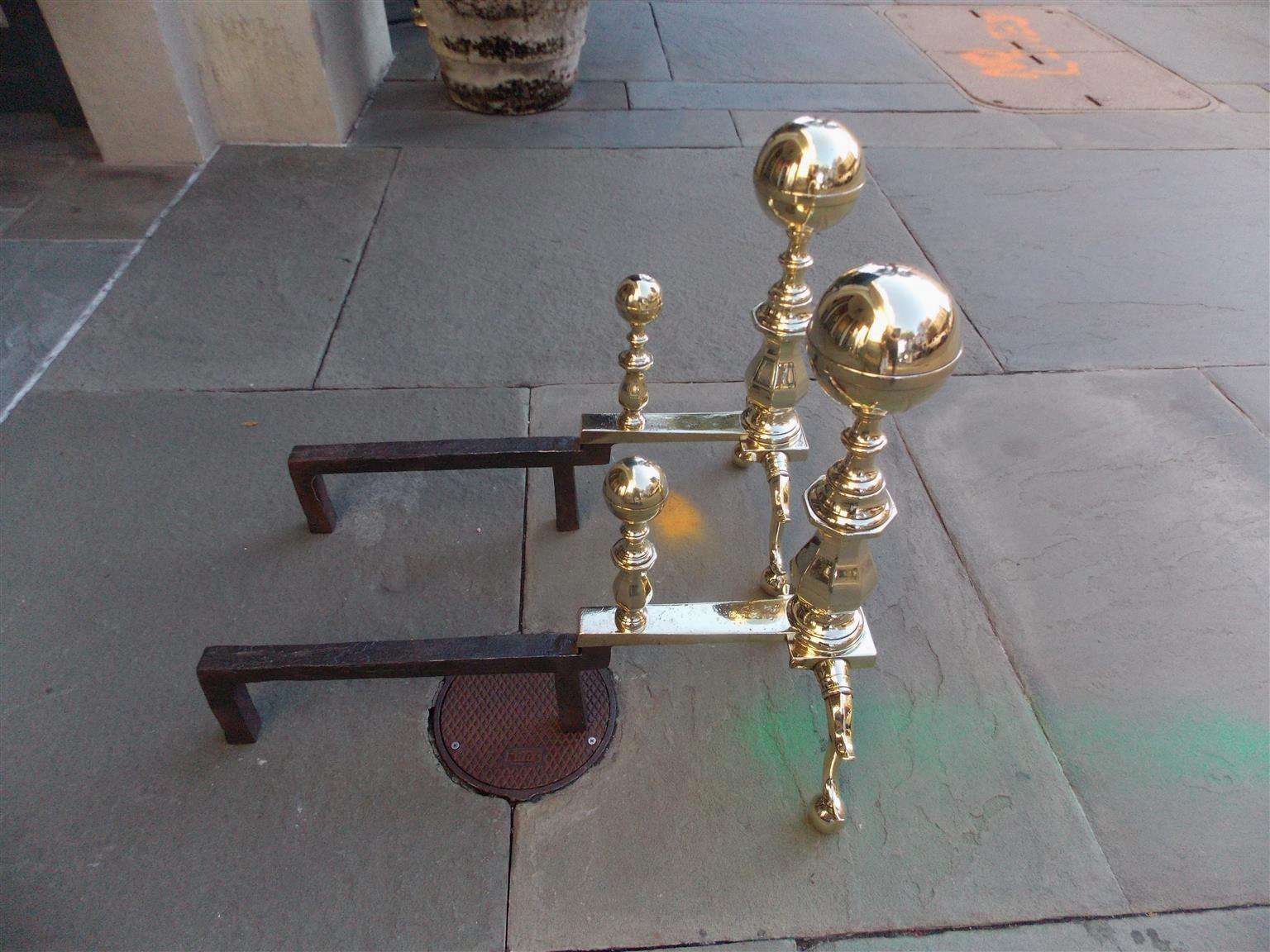 Mid-19th Century Pair of American Brass Ball Finial Andirons with Matching Log Stops, MA C. 1830