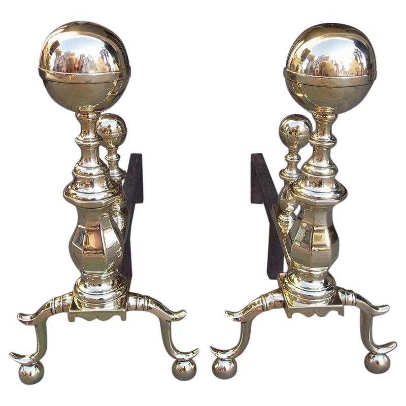 Pair of American Brass Ball Finial Andirons with Matching Log Stops, MA C. 1830