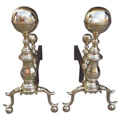 Pair of American Brass Ball Finial Andirons with Matching Log Stops, MA C. 1830