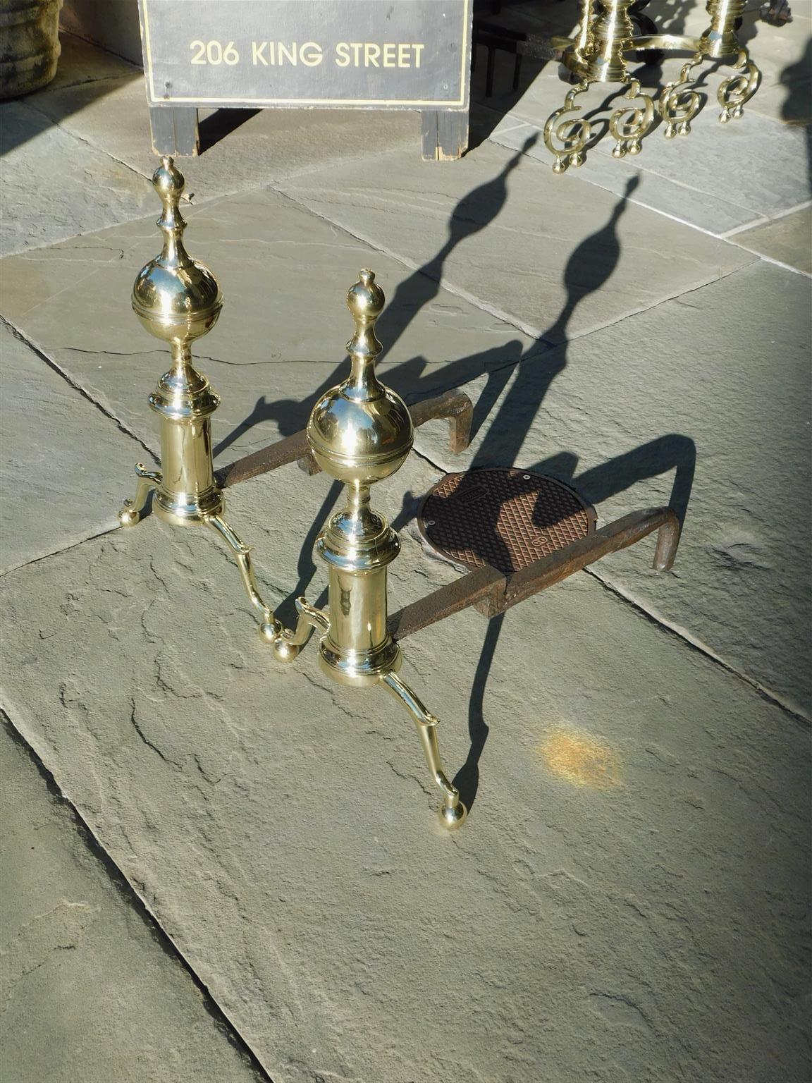 American Colonial Pair of American Brass Ball Finial Andirons with Spur Legs & Ball Feet, C. 1810 For Sale