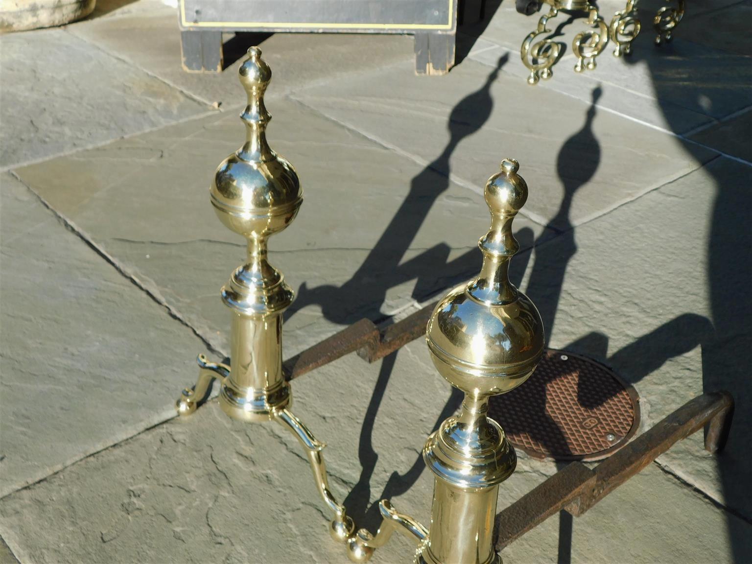 Cast Pair of American Brass Ball Finial Andirons with Spur Legs & Ball Feet, C. 1810 For Sale