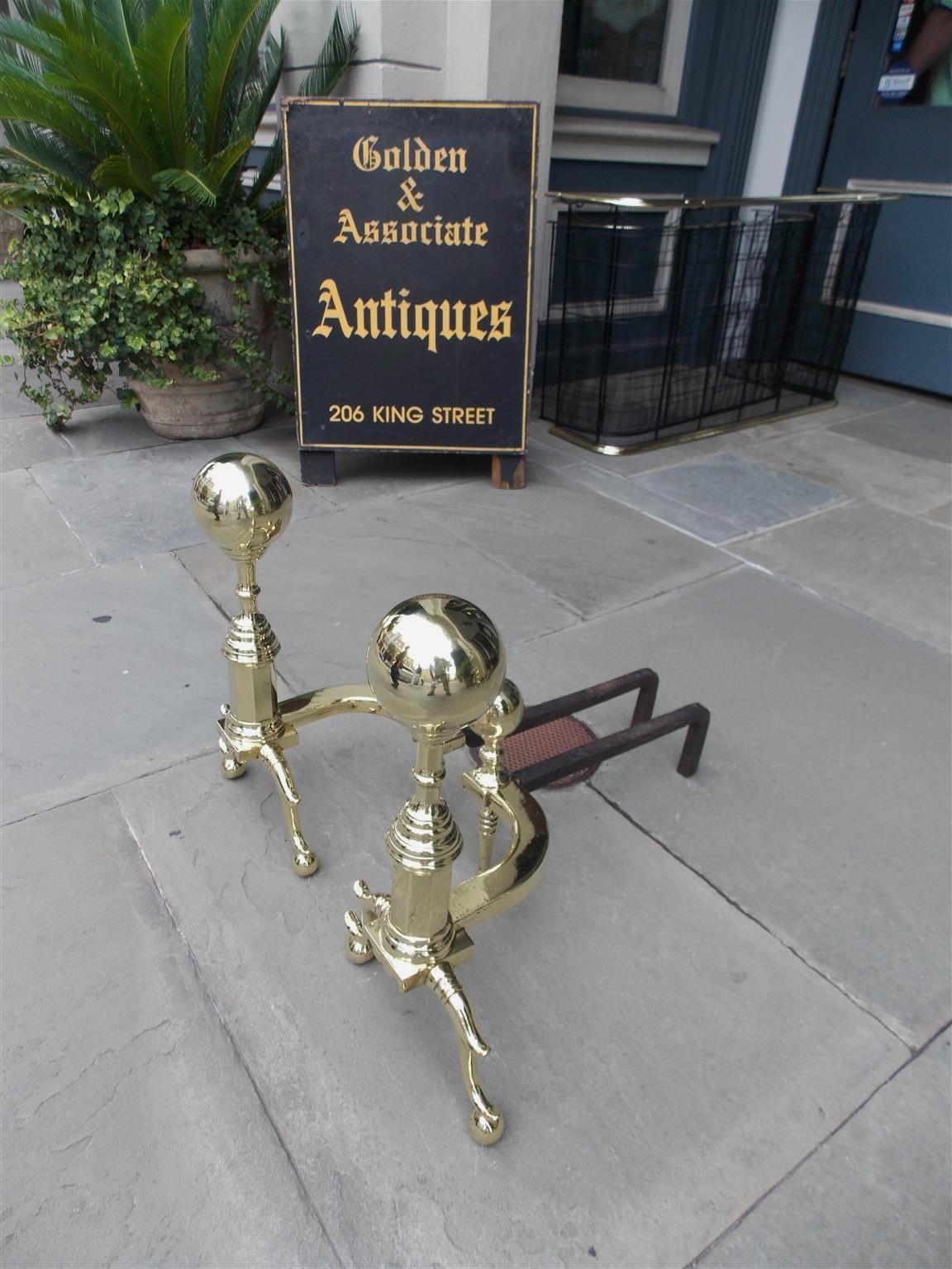 American Empire Pair of American Brass Ball Finial Andirons with Spur Legs, Boston, Circa 1850 For Sale