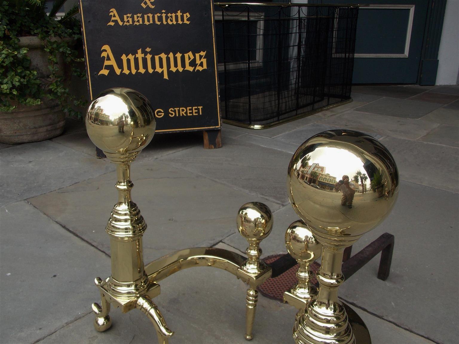 Cast Pair of American Brass Ball Finial Andirons with Spur Legs, Boston, Circa 1850 For Sale