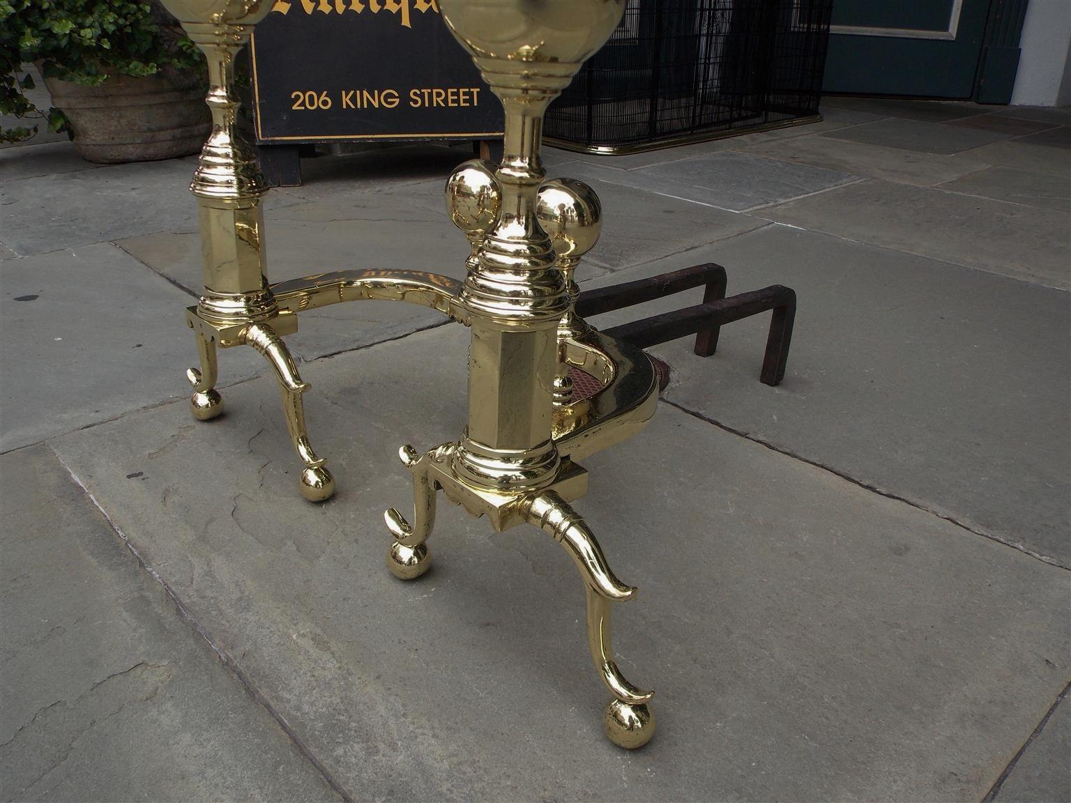 Pair of American Brass Ball Finial Andirons with Spur Legs, Boston, Circa 1850 In Excellent Condition For Sale In Hollywood, SC