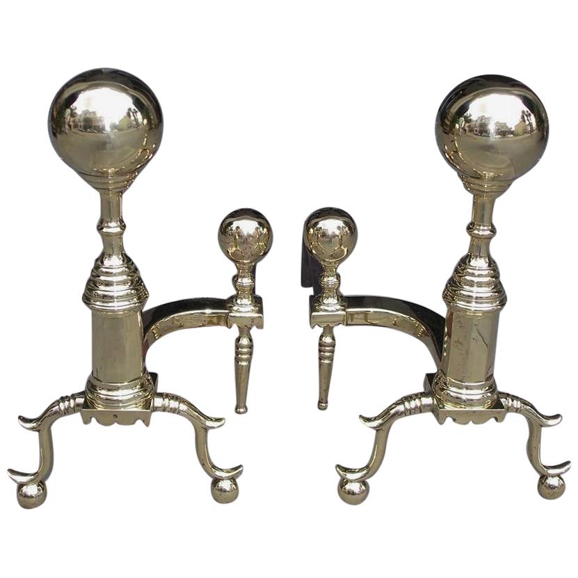 Pair of American Brass Ball Finial Andirons with Spur Legs, Boston, Circa 1850 For Sale