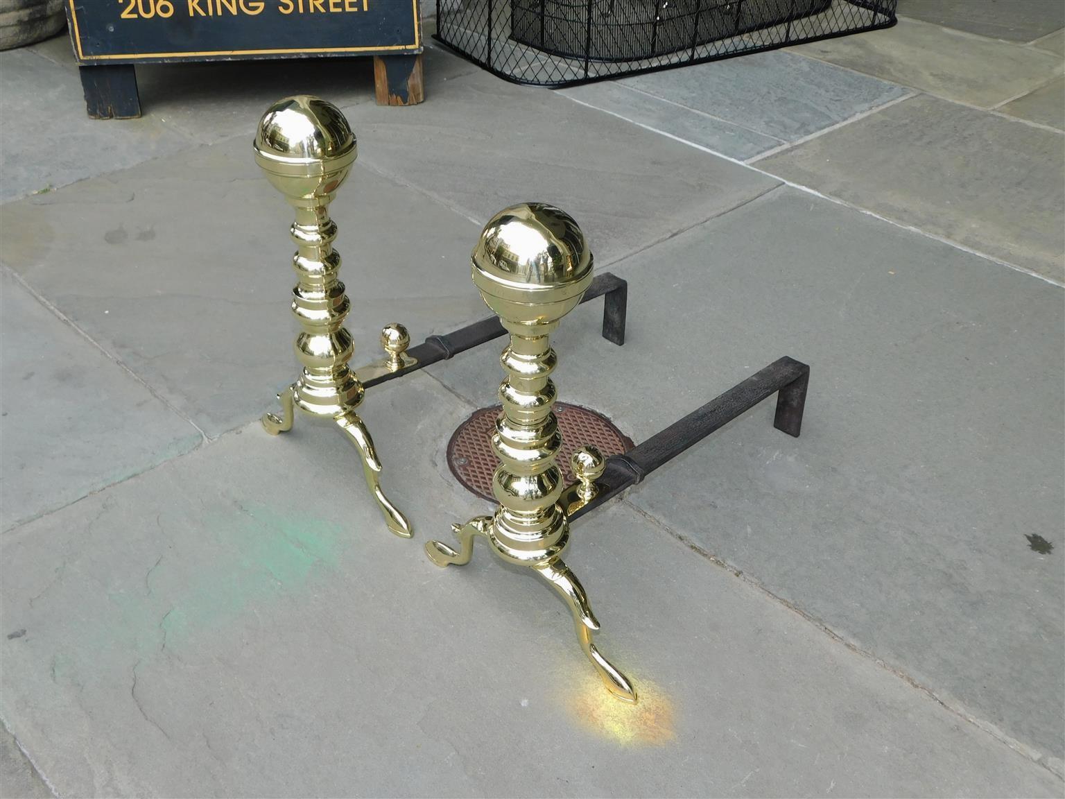 American Colonial Pair of American Brass Ball Finial Andirons with Spur Legs & Slipper Feet C 1800