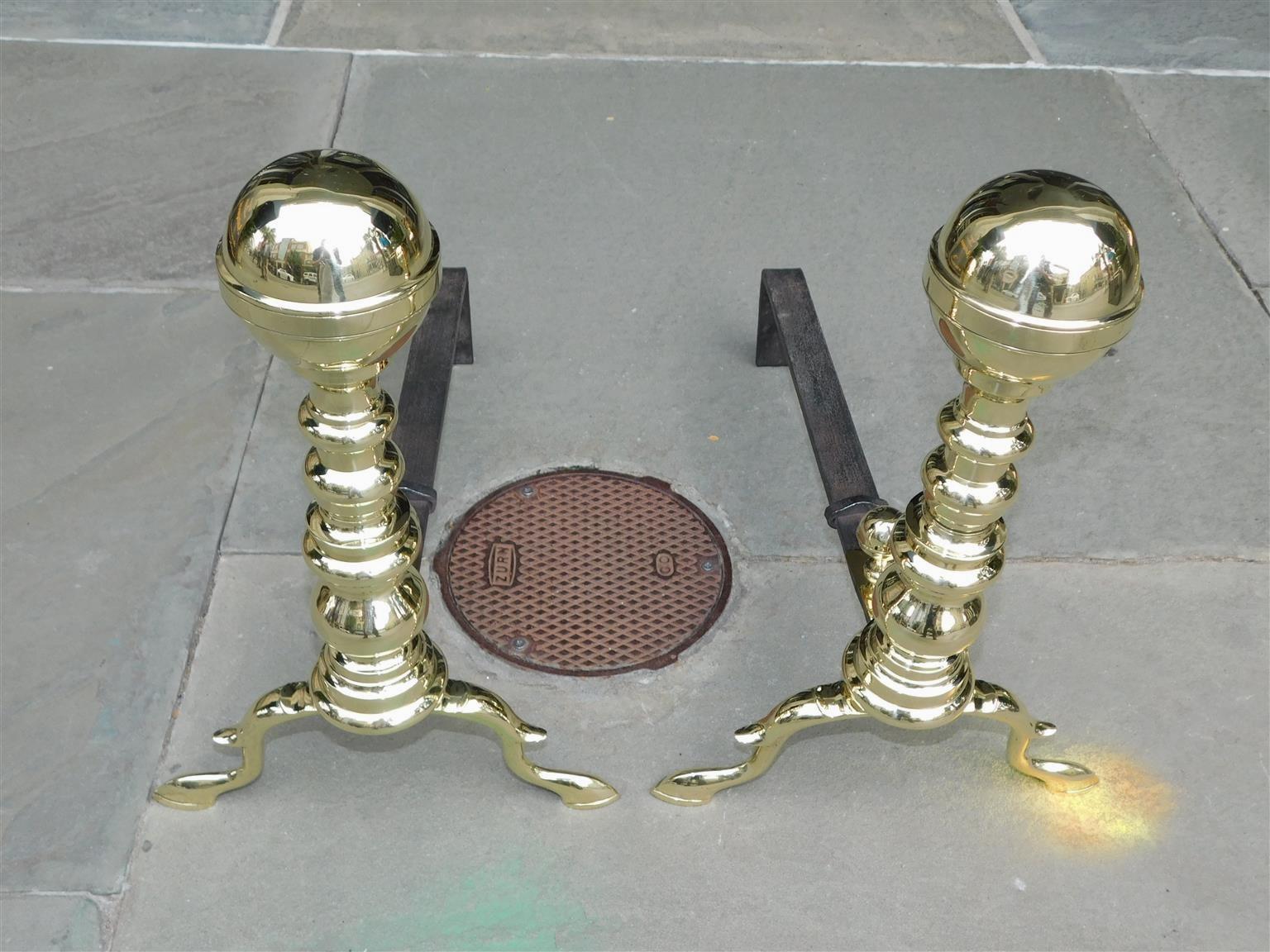 Cast Pair of American Brass Ball Finial Andirons with Spur Legs & Slipper Feet C 1800