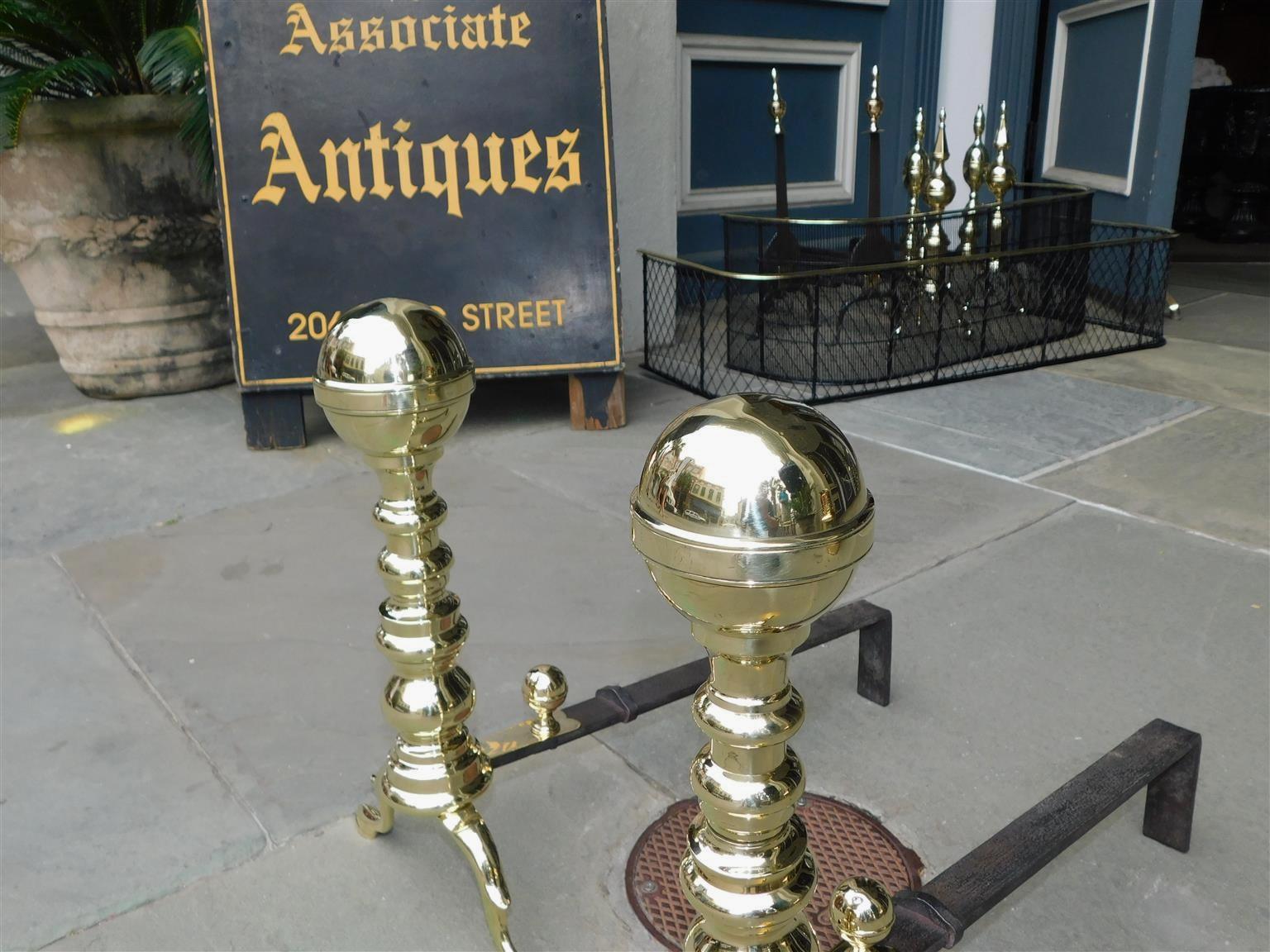 Pair of American Brass Ball Finial Andirons with Spur Legs & Slipper Feet C 1800 In Excellent Condition In Hollywood, SC