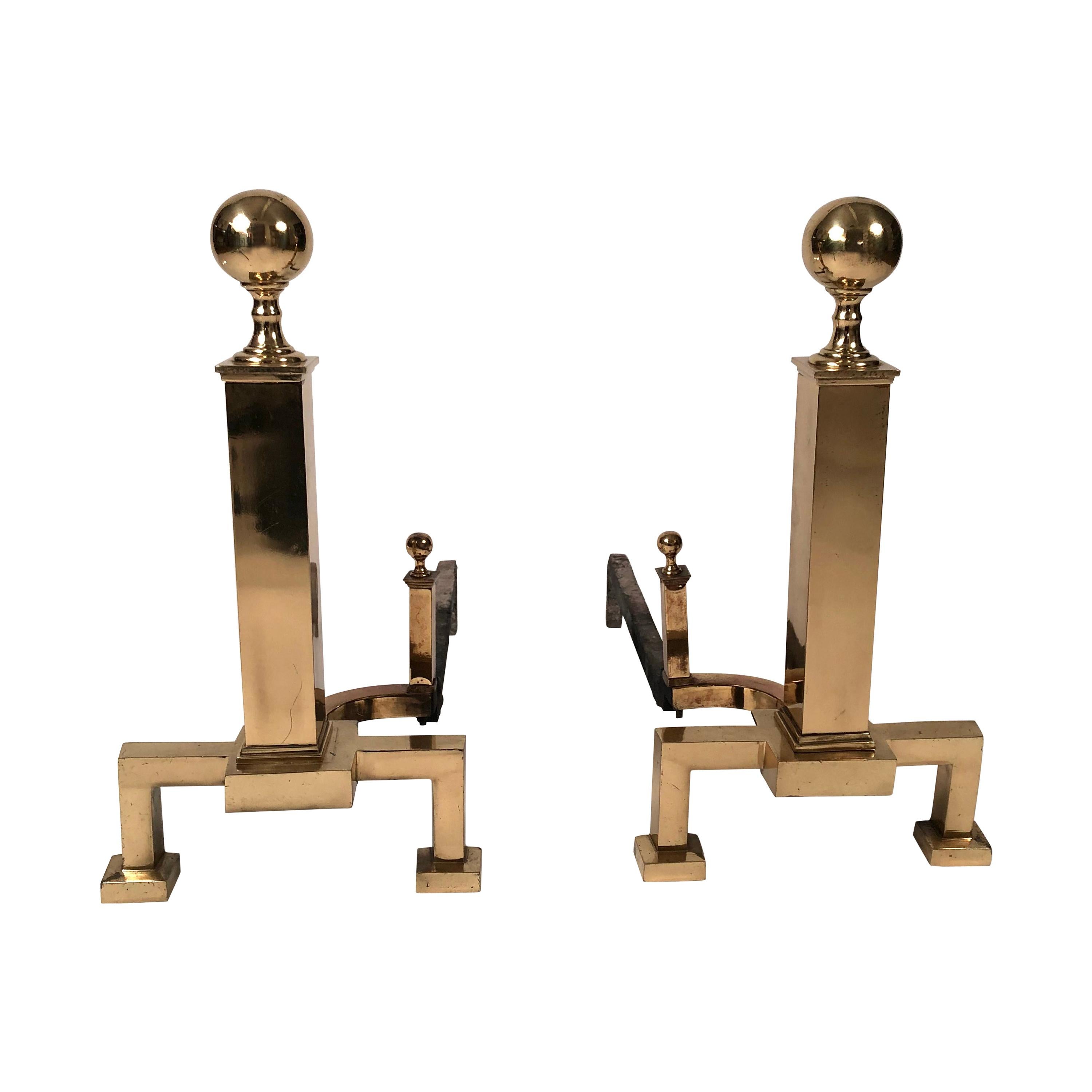 Pair of American Brass Ball Top Andirons