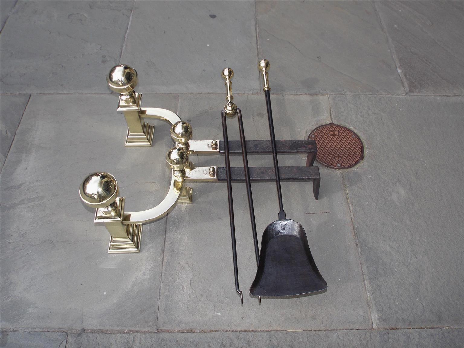 American Brass Banded Ball Top Andirons with Matching Tools, J. Hunneman C 1820  For Sale 5