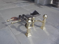 American Brass Banded Ball Top Andirons with Matching Tools, J. Hunneman C 1820
