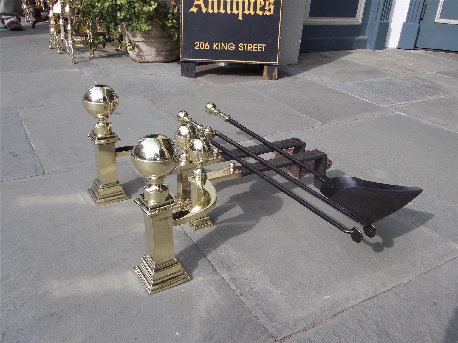 American Colonial American Brass Banded Ball Top Andirons with Matching Tools, J. Hunneman C 1820  For Sale