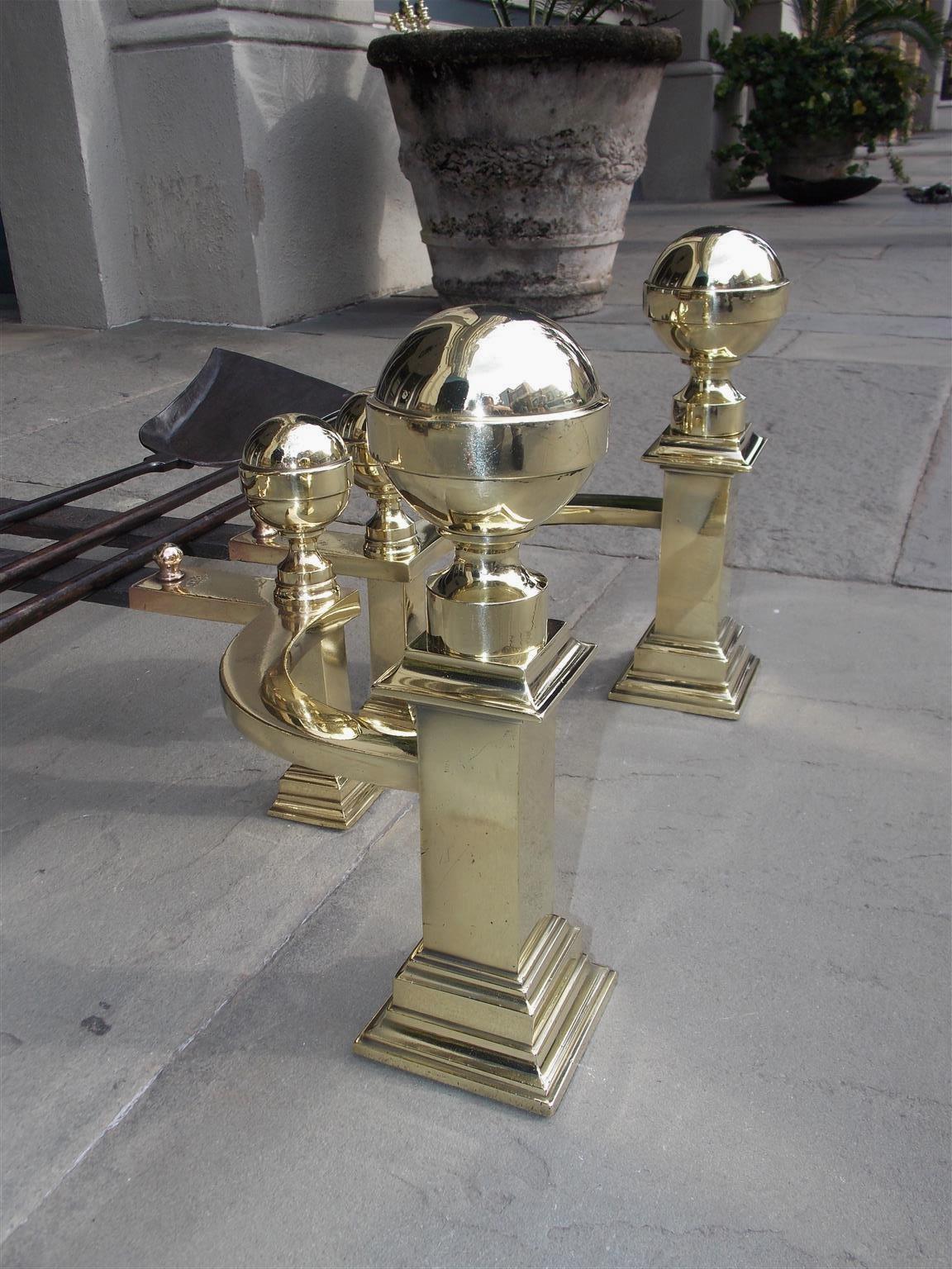 Cast American Brass Banded Ball Top Andirons with Matching Tools, J. Hunneman C 1820  For Sale