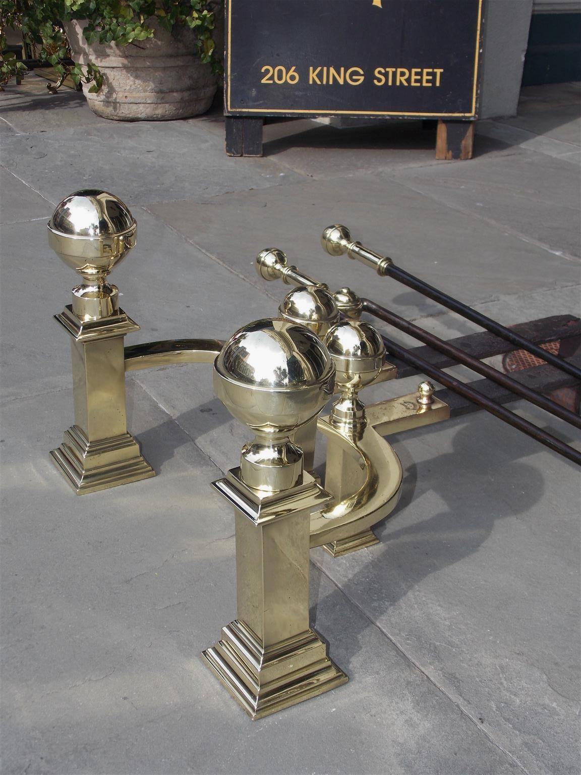 American Brass Banded Ball Top Andirons with Matching Tools, J. Hunneman C 1820  In Excellent Condition For Sale In Hollywood, SC