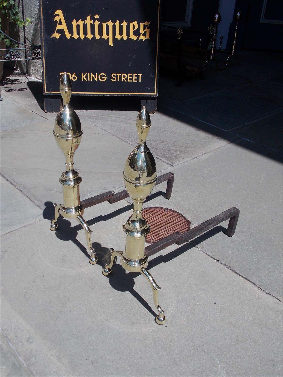 American Colonial Pair of American Brass Double Lemon Andirons with Spur Legs & Ball Feet. C. 1810 For Sale