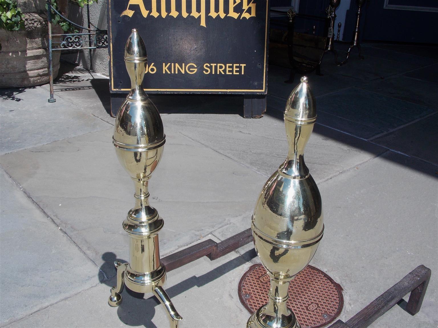 Cast Pair of American Brass Double Lemon Andirons with Spur Legs & Ball Feet. C. 1810 For Sale