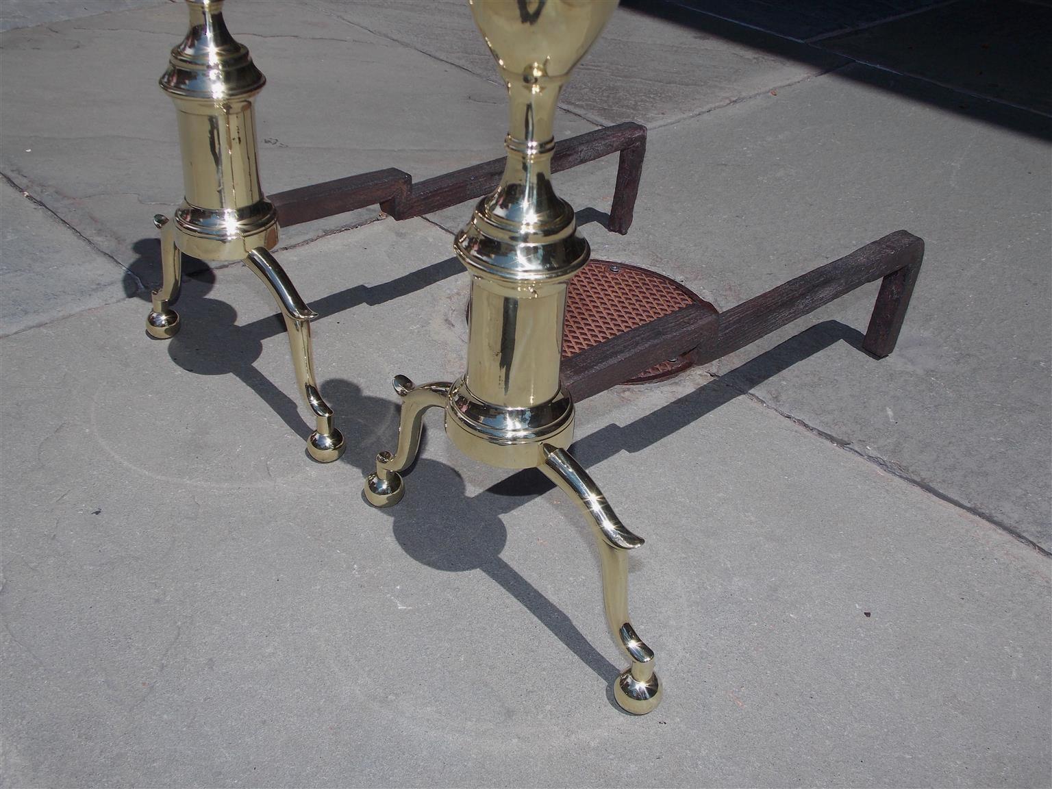 Pair of American Brass Double Lemon Andirons with Spur Legs & Ball Feet. C. 1810 In Excellent Condition For Sale In Hollywood, SC