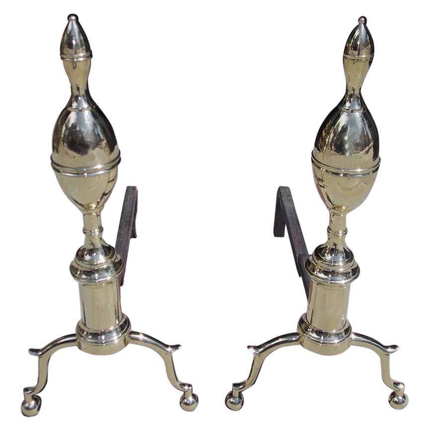 Pair of American Brass Double Lemon Andirons with Spur Legs & Ball Feet. C. 1810