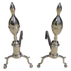 Antique Pair of American Brass Double Lemon Andirons with Spur Legs & Ball Feet. C. 1810