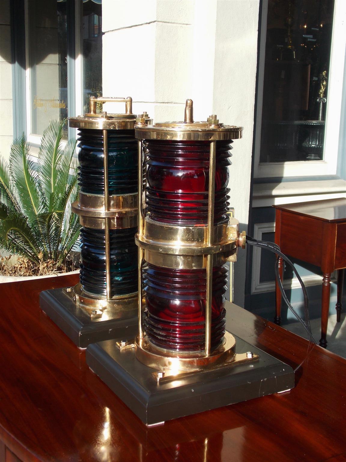 American Craftsman Pair of American Brass Double Stacked Maritime Beacons Mounted on Bases. C. 1880 For Sale