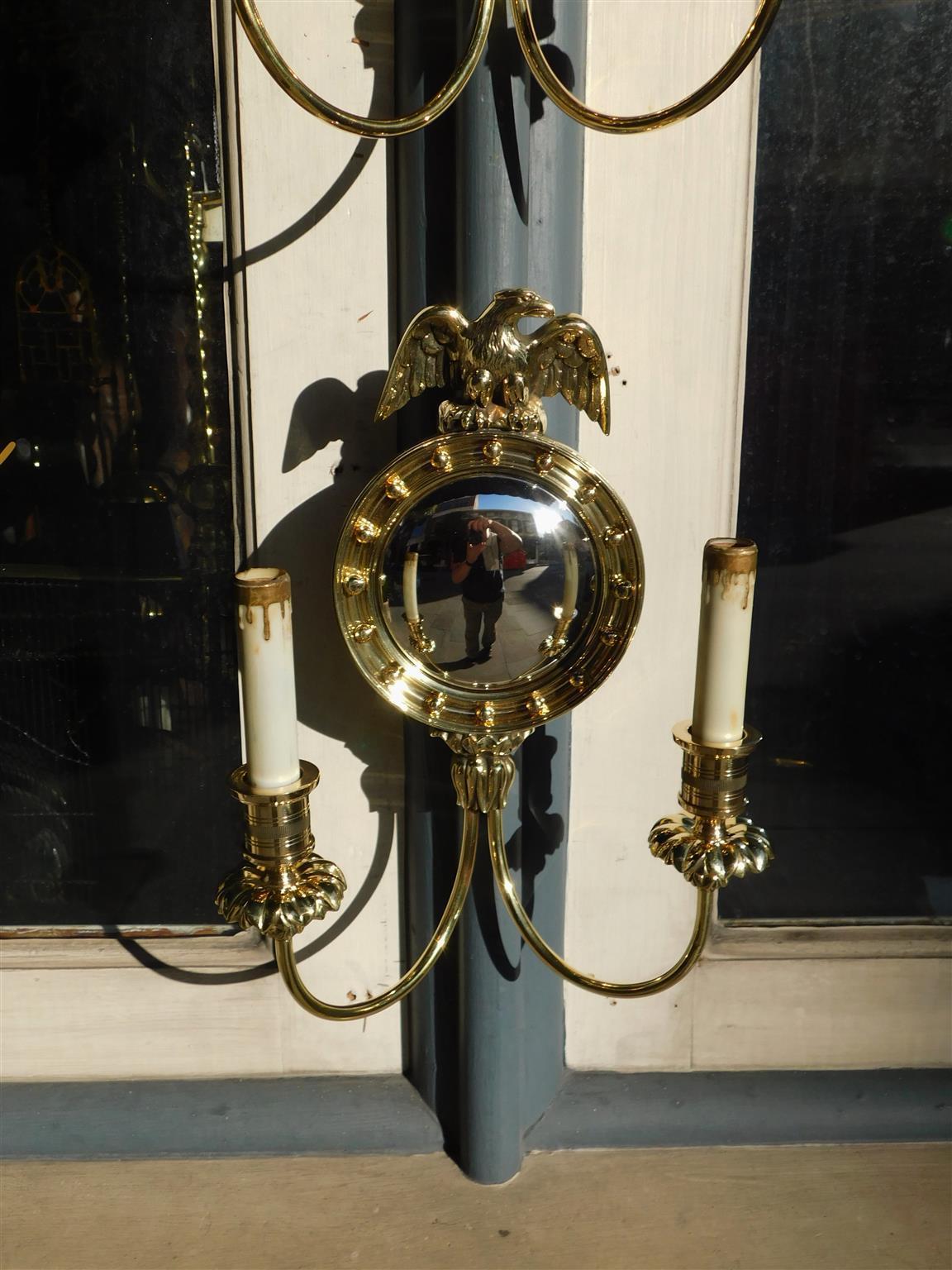 American Empire Pair of American Brass Eagle Convex Mirror Two Arm Foliage Wall Sconces, C. 1840