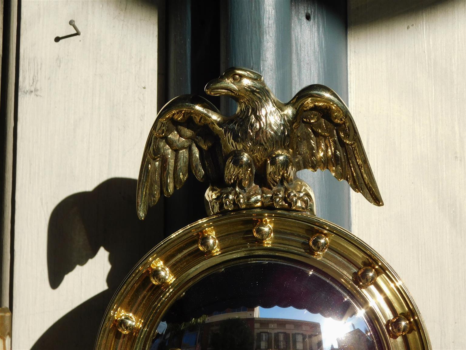 Cast Pair of American Brass Eagle Convex Mirror Two Arm Foliage Wall Sconces, C. 1840