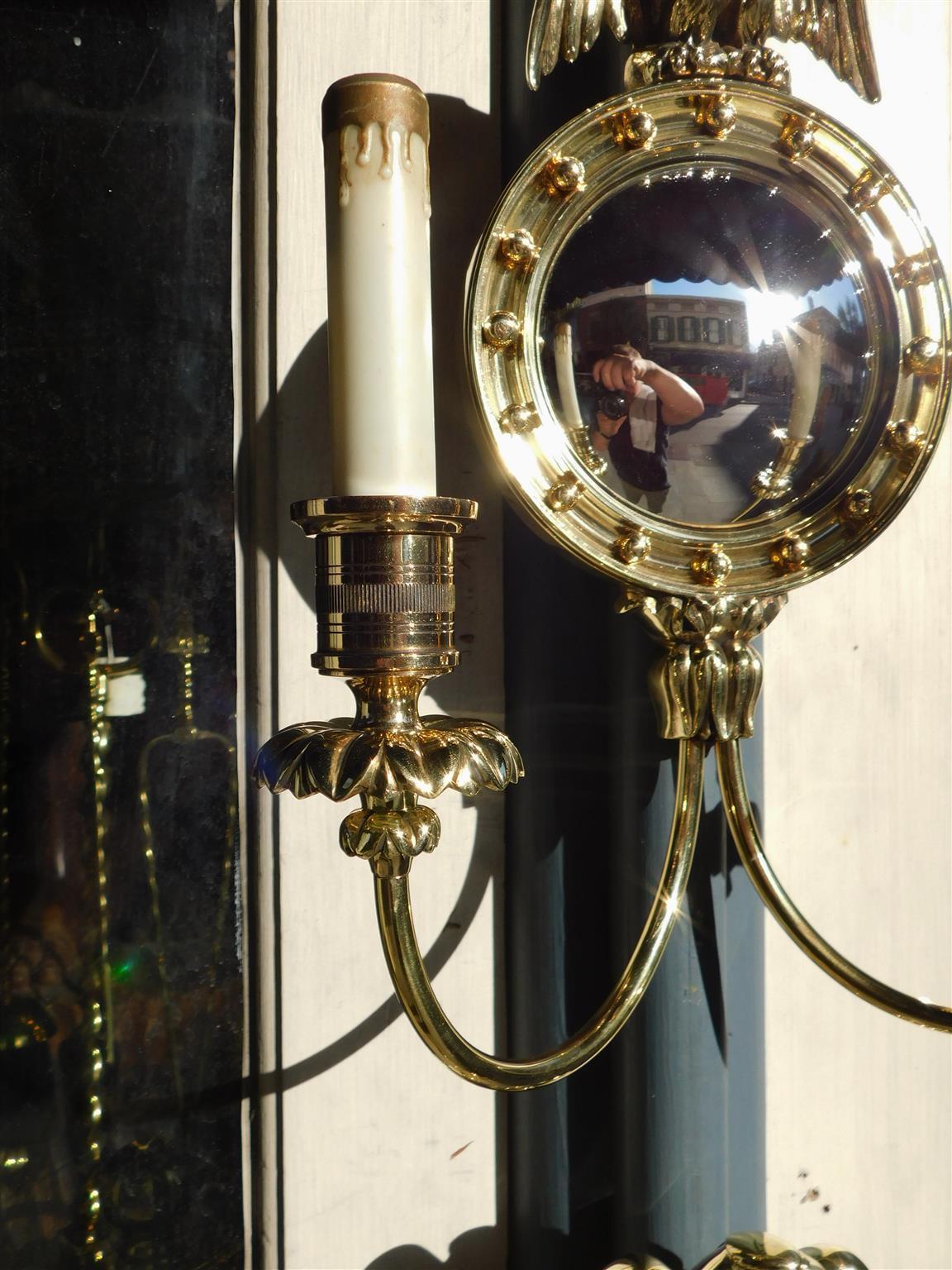 Mid-19th Century Pair of American Brass Eagle Convex Mirror Two Arm Foliage Wall Sconces, C. 1840