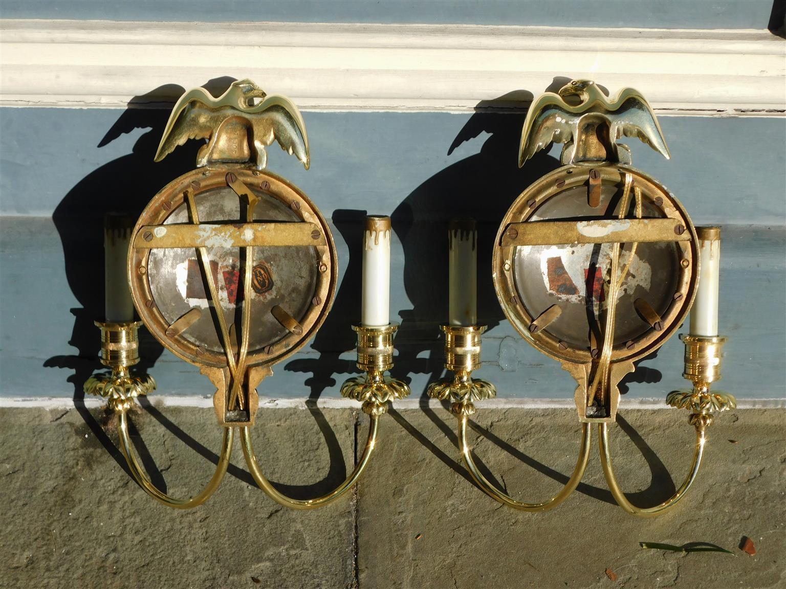 Pair of American Brass Eagle Convex Mirror Two Arm Foliage Wall Sconces, C. 1840 1