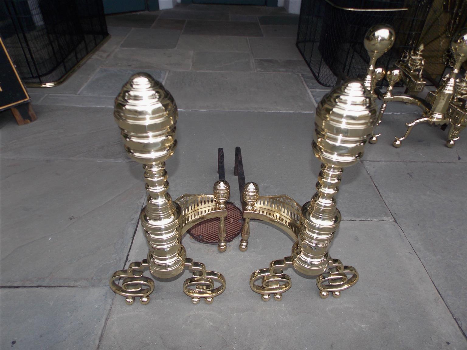 Cast Pair of American Brass Empire Andirons with Pierced Galleries, Phila, Circa 1830 For Sale