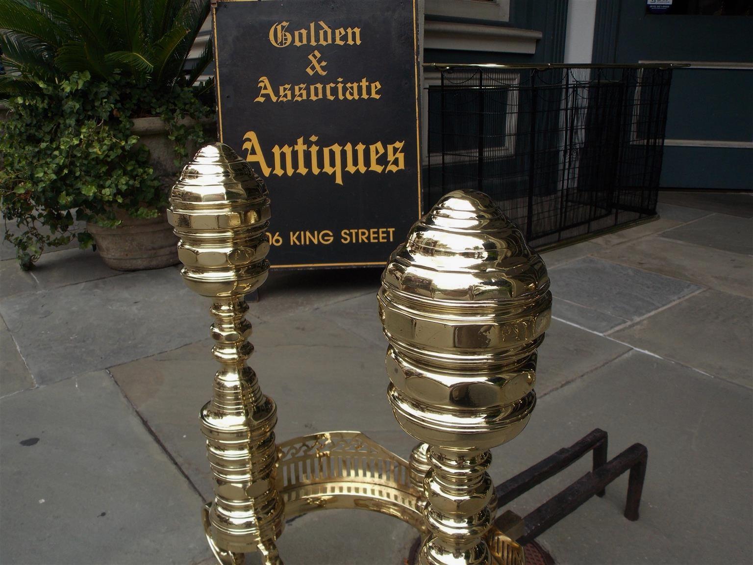 Pair of American Brass Empire Andirons with Pierced Galleries, Phila, Circa 1830 In Excellent Condition For Sale In Hollywood, SC
