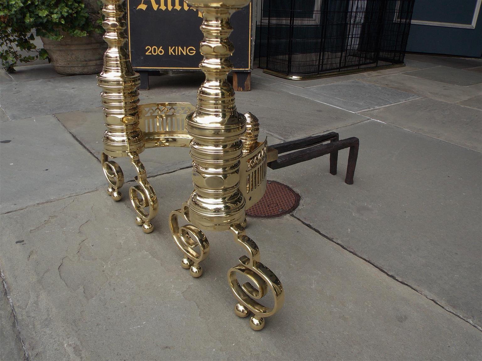 Mid-19th Century Pair of American Brass Empire Andirons with Pierced Galleries, Phila, Circa 1830 For Sale