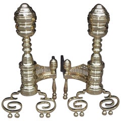 Used Pair of American Brass Empire Andirons with Pierced Galleries, Phila, Circa 1830