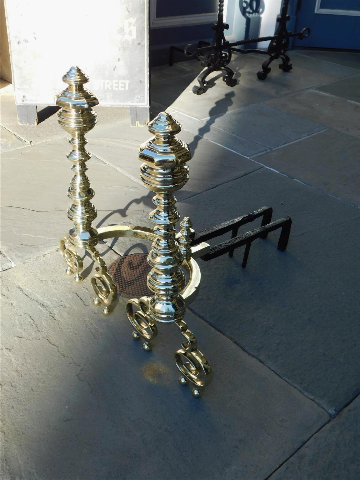 American Empire Pair of American Brass Faceted Finial Andirons with Scrolled Ball Legs, C. 1820 For Sale