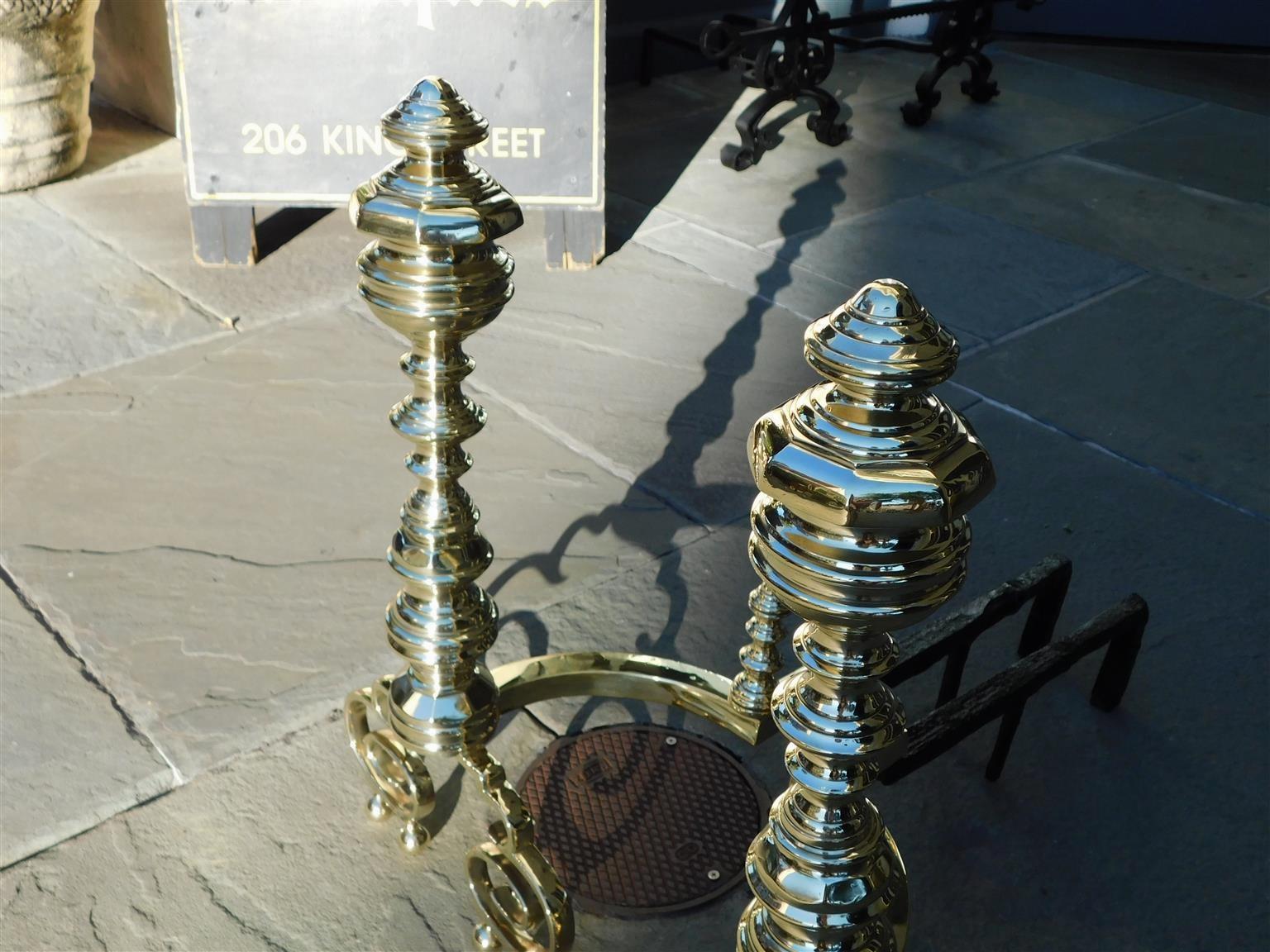 Cast Pair of American Brass Faceted Finial Andirons with Scrolled Ball Legs, C. 1820 For Sale