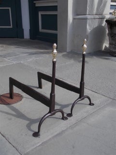 Pair of American Brass Flame Finial Lemon Top and Wrought Iron Andirons. C. 1770