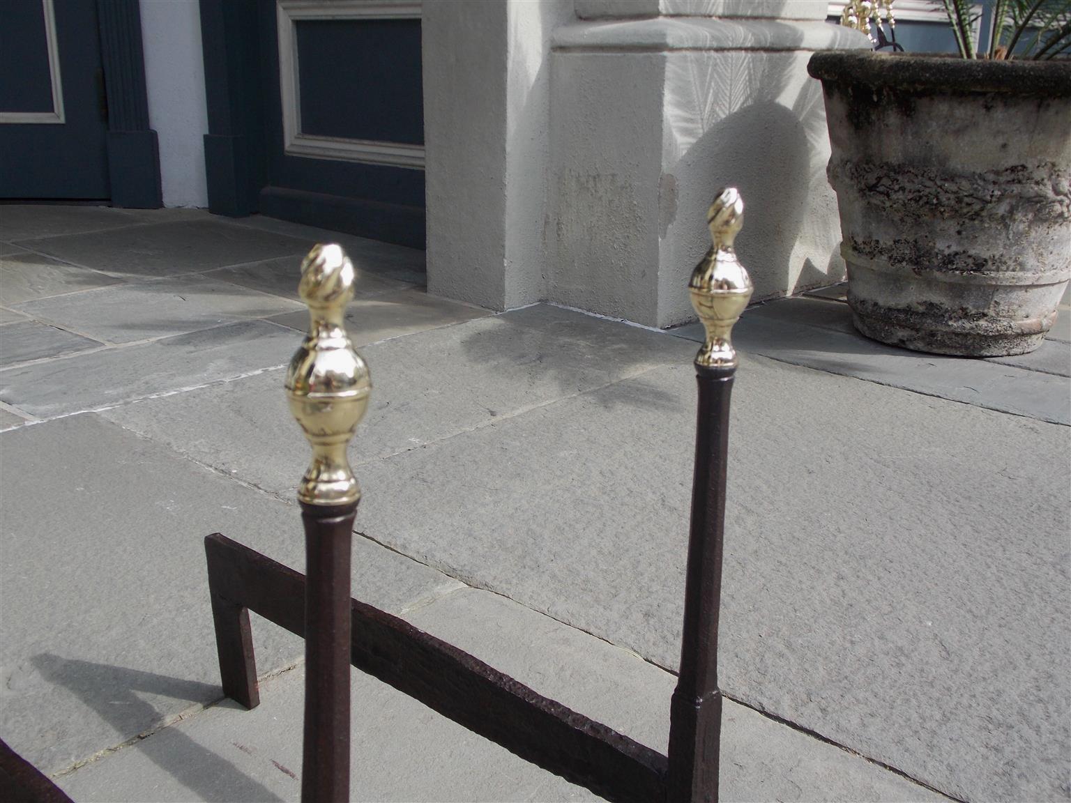 Cast Pair of American Brass Flame Finial Lemon Top and Wrought Iron Andirons. C. 1770 For Sale