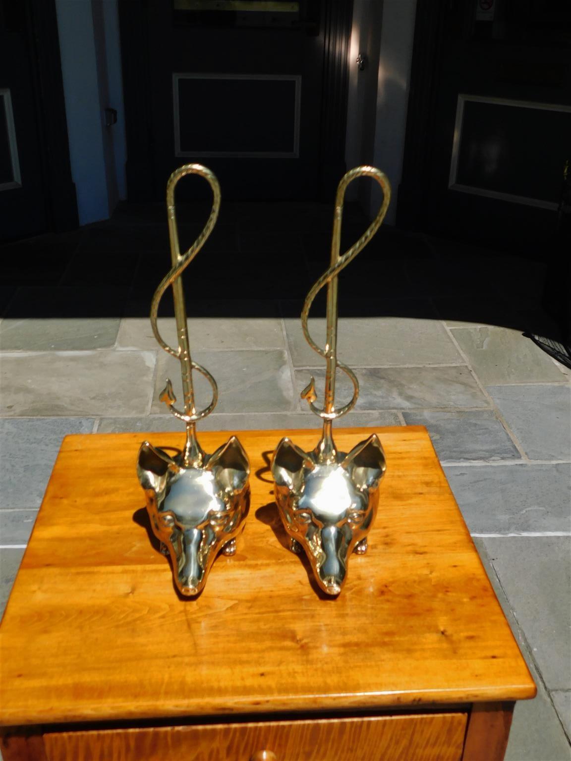 American Empire Pair of American Brass Fox Head Doorstops with Decorative Chased Handles, C 1880
