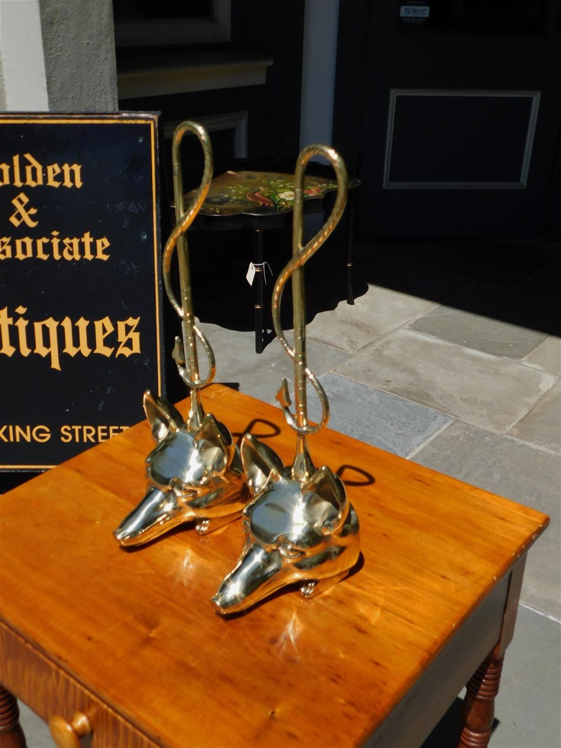 Pair of American Brass Fox Head Doorstops with Decorative Chased Handles, C 1880 In Excellent Condition In Hollywood, SC