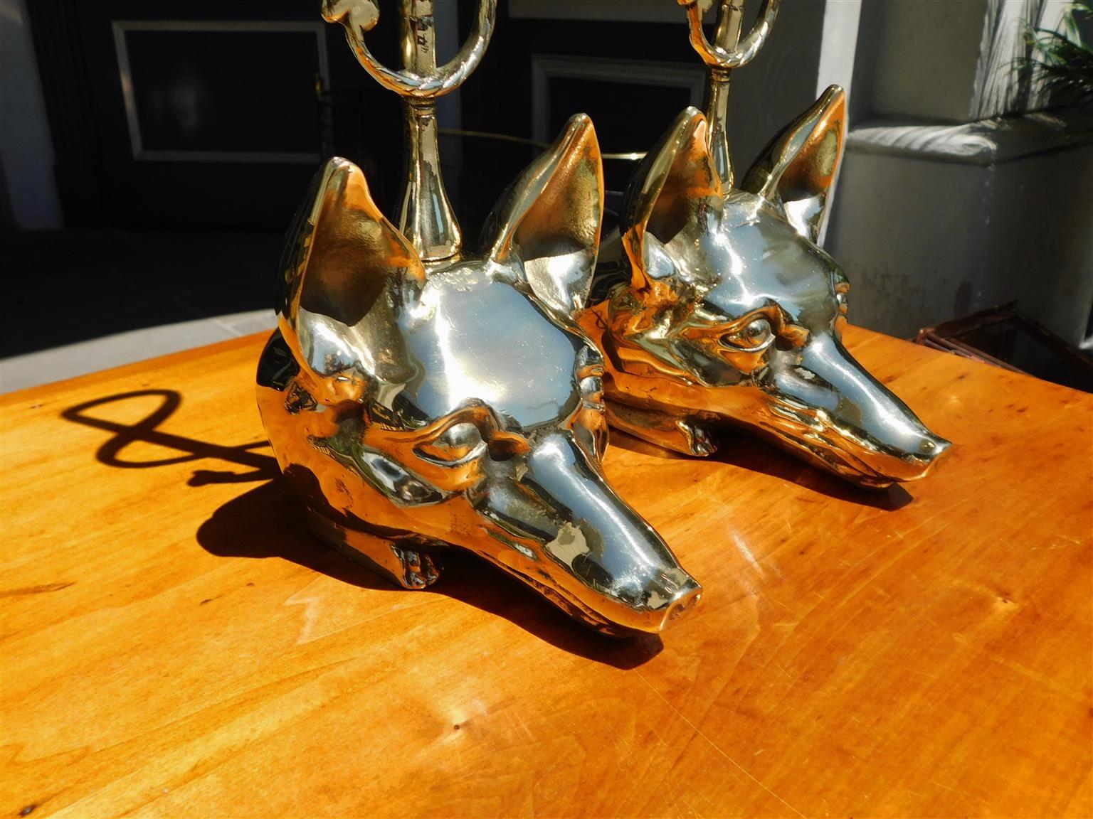 Late 19th Century Pair of American Brass Fox Head Doorstops with Decorative Chased Handles, C 1880