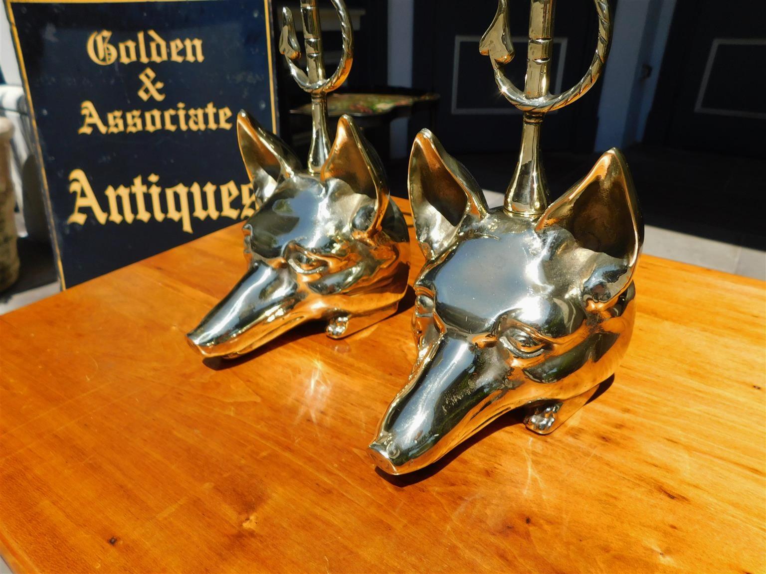 Pair of American Brass Fox Head Doorstops with Decorative Chased Handles, C 1880 3