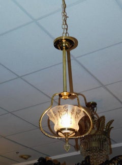 Pair of American Brass Hall Lanterns with Orig, Frosted Etched Globes, Gas, 1860