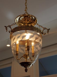 Set of Four American Brass Hanging Foliage Etched Greek Key Bell Lanterns C 1850