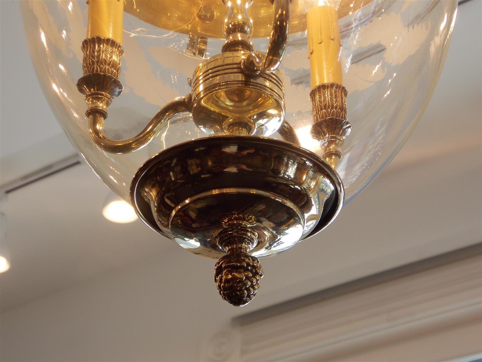 American Empire Set of Four American Brass Hanging Foliage Etched Greek Key Bell Lanterns C 1850 For Sale