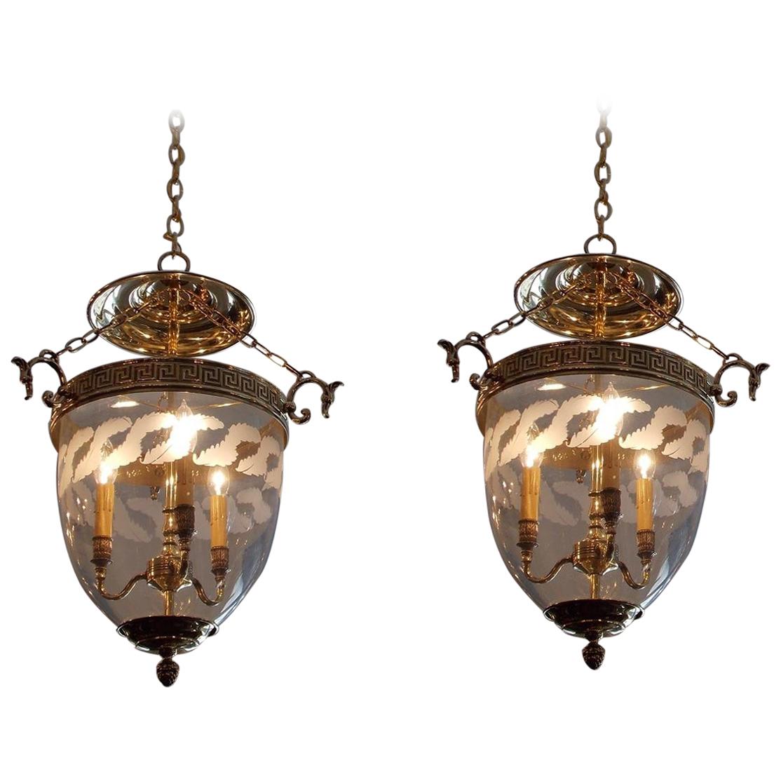 Set of Four American Brass Hanging Foliage Etched Greek Key Bell Lanterns C 1850