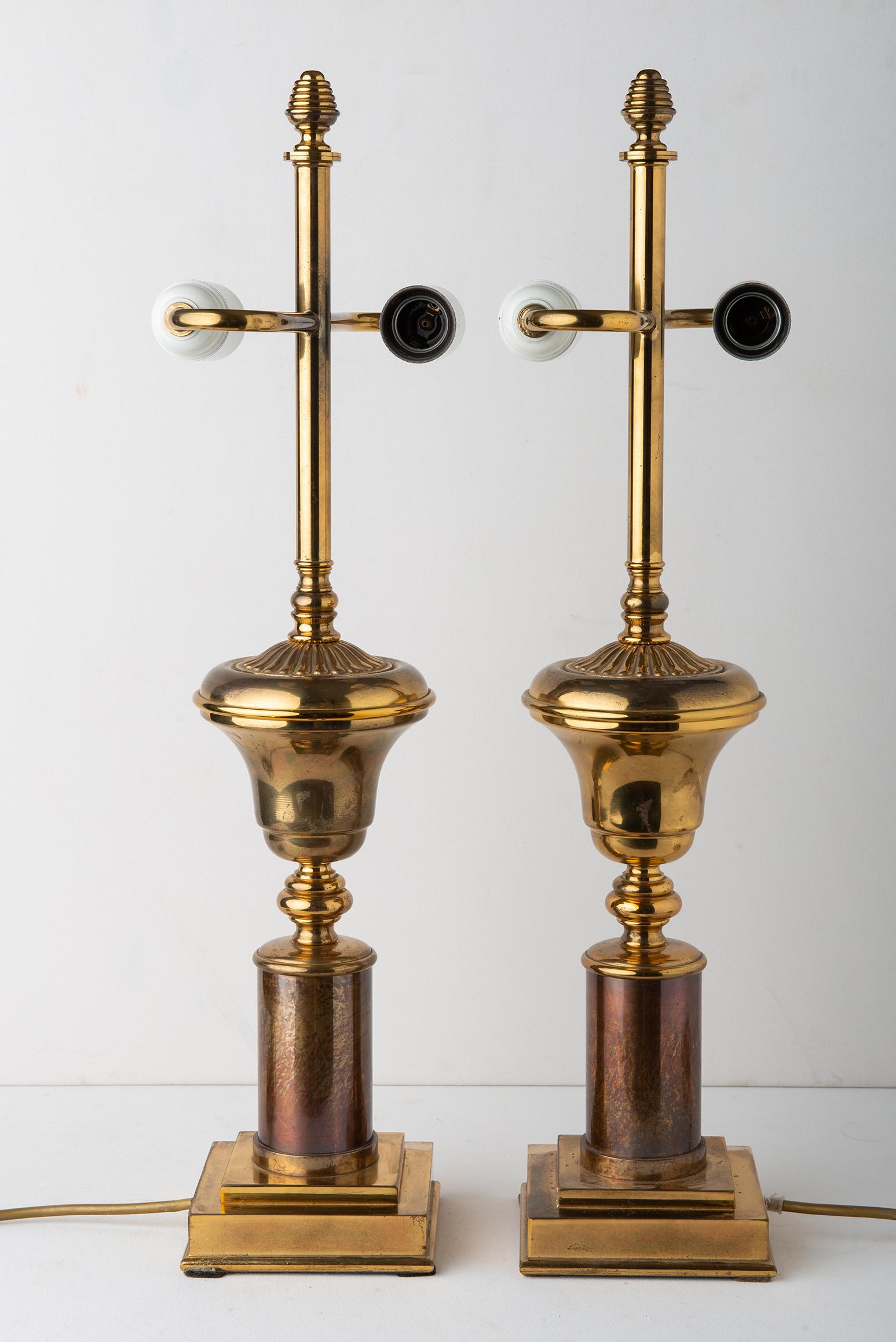 Machine-Made Pair of American Brass Lamps with Double Bulbs For Sale