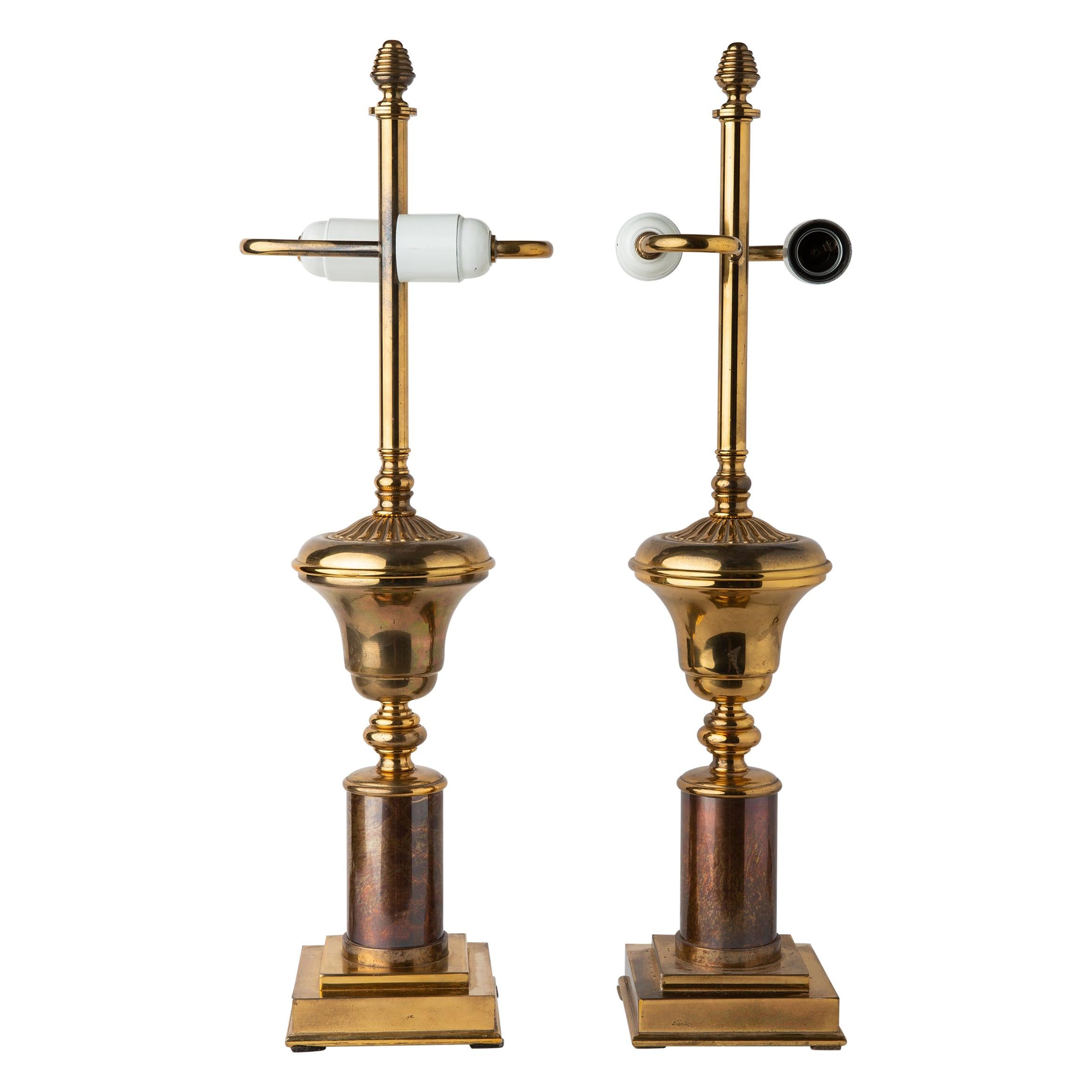Pair of American Brass Lamps with Double Bulbs For Sale