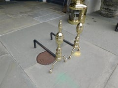 Pair of American Brass Lemon Finial Andirons with Spur Legs & Ball Feet, C. 1810