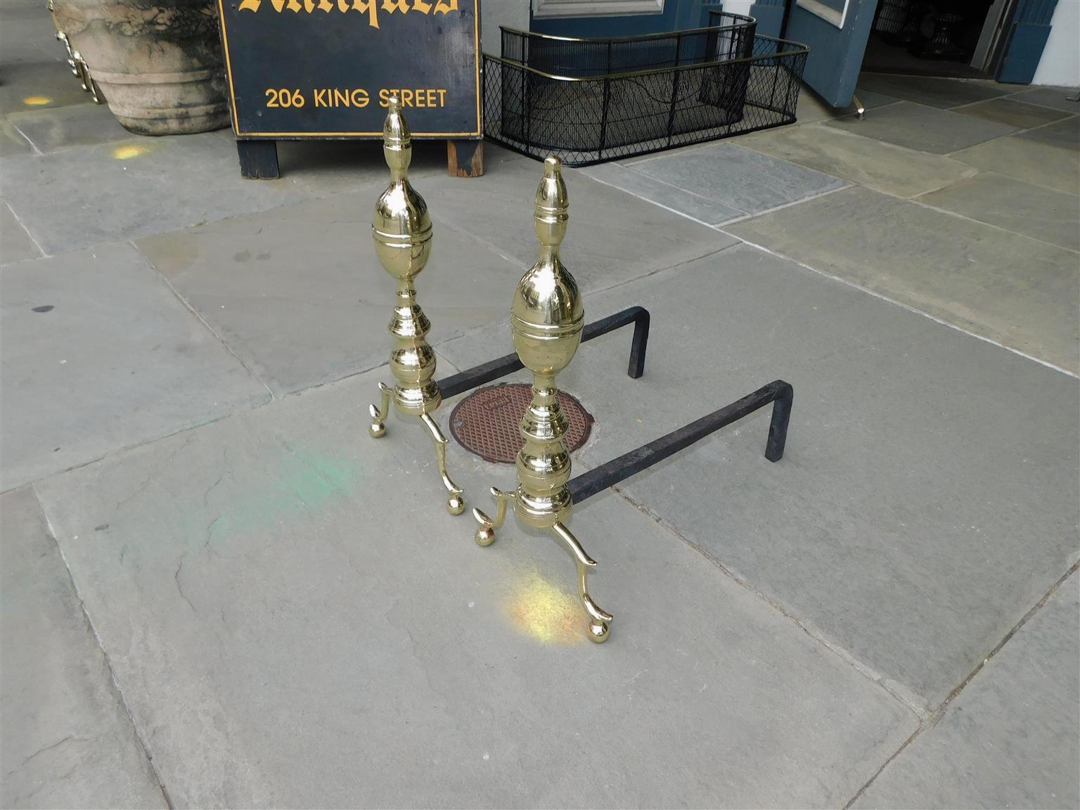 American Colonial Pair of American Brass Lemon Finial Andirons with Spur Legs & Ball Feet, C. 1810 For Sale