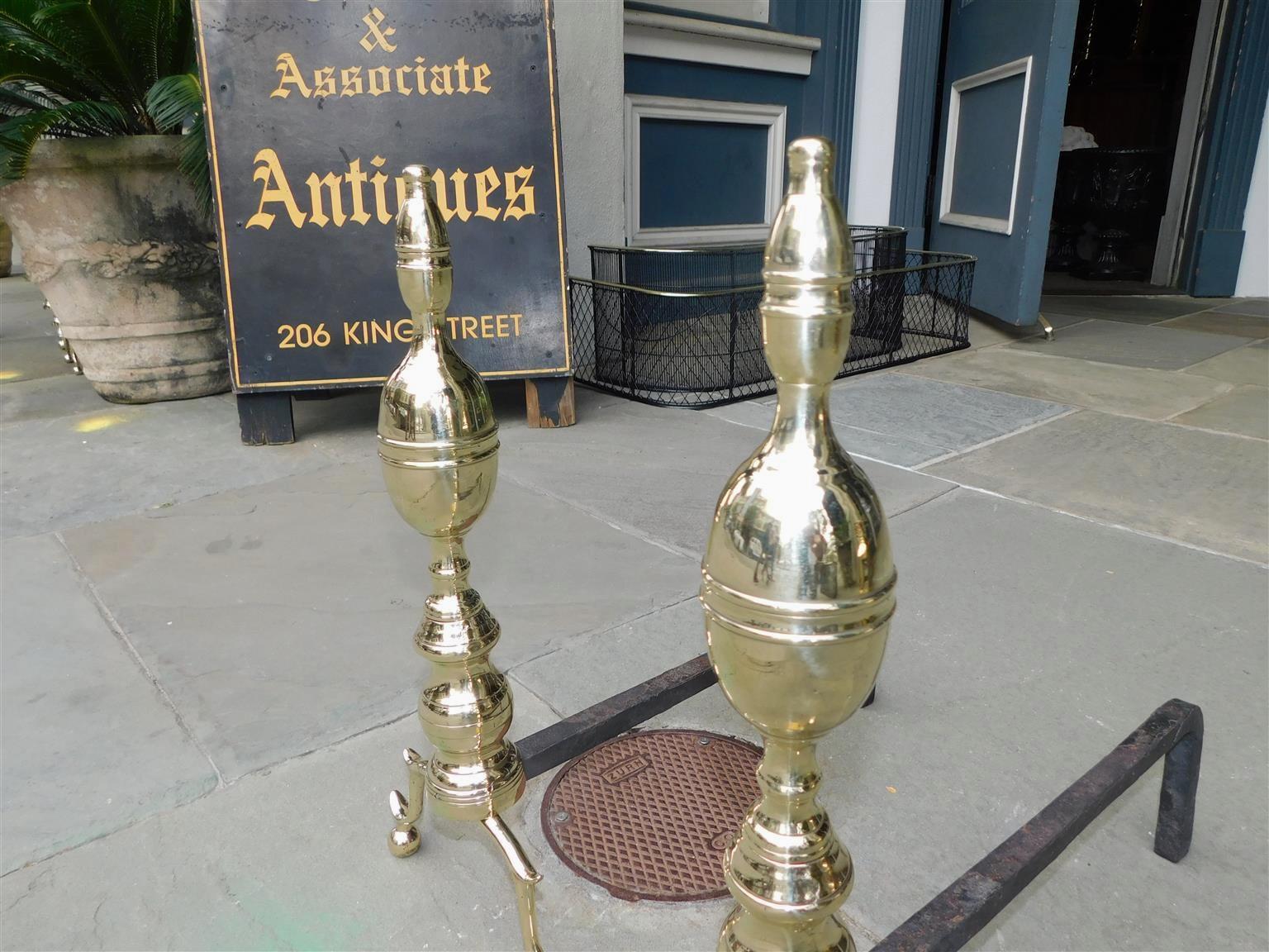Cast Pair of American Brass Lemon Finial Andirons with Spur Legs & Ball Feet, C. 1810 For Sale